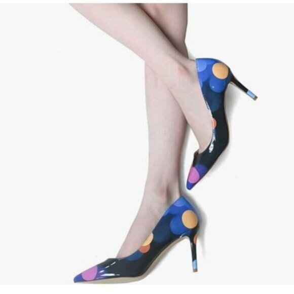 YDN Navy Polka Dot Chic Pointed Closed Toe Stiletto Heel Pump Slide Dress Shoes - Picture 1 of 8